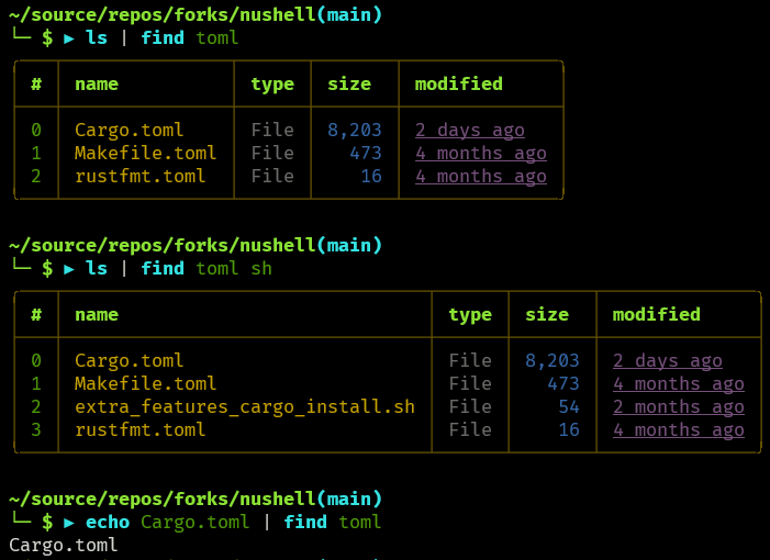 Screenshot showing using the new find command to find the phrase toml in a table
